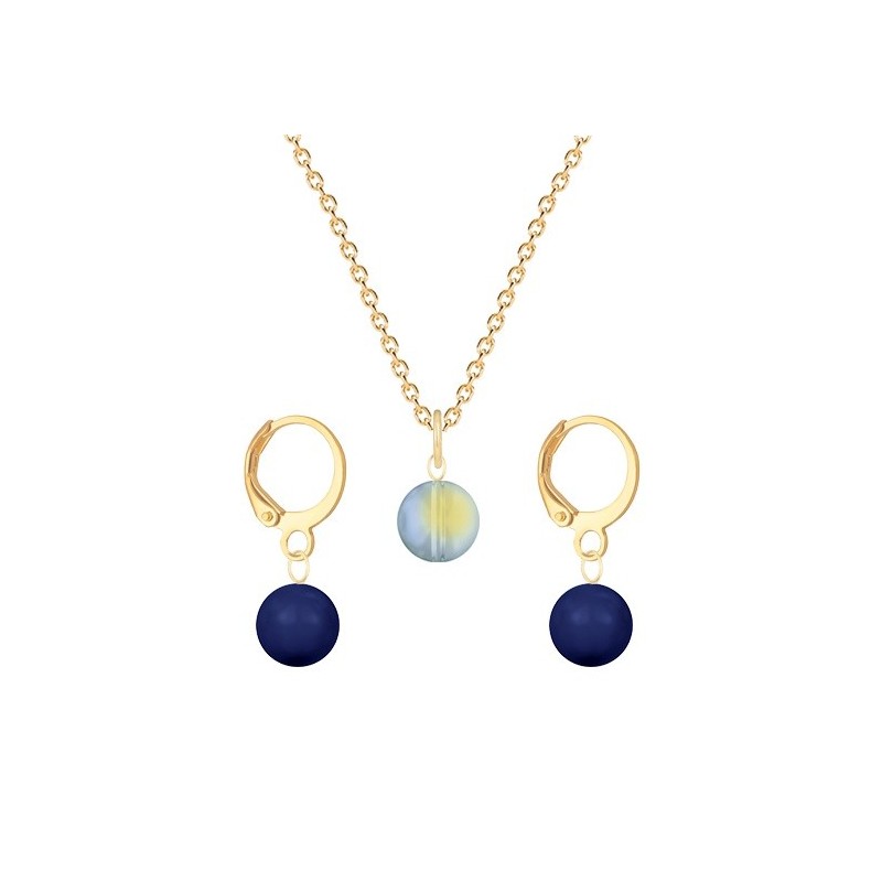 Gold Plated Premium Steel Iridescent Green 8mm Austria Globe Pendant With Dark Lapis Crystal Pearl Hoop Earrings Set