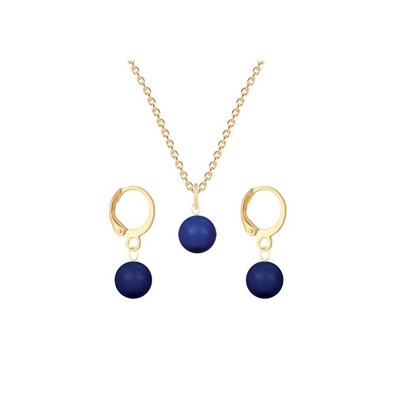 September Birthpearl Gold Plated Premium Steel Dark Lapis 8mm Austrian Crystal Pearl Pendant With Earrings Set