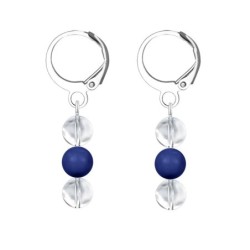 Premium Stainless Steel Hoop Clear Crystal Globe With Dark Lapis Crystal Pearl Trilogy Earrings (Made In Japan)