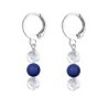 Premium Stainless Steel Hoop Clear Crystal Globe With Dark Lapis Crystal Pearl Trilogy Earrings (Made In Japan)