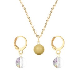 Gold Plated Premium Steel Golden Crystal Pearl Pendant With White Patina Austria Globe Hoop Earrings Set