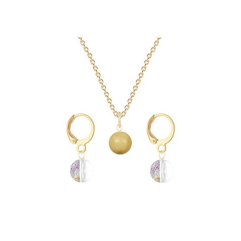 Gold Plated Premium Steel Golden Crystal Pearl Pendant With White Patina Austria Globe Hoop Earrings Set