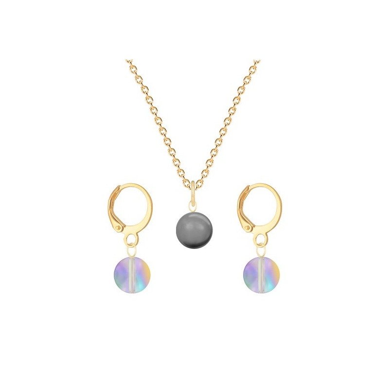 Gold Plated Premium Steel Grey Crystal Pearl Pendant With Paradise Shine Austria Globe Hoop Earrings Set