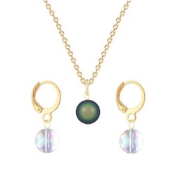 Gold Plated Premium Steel Scarabaeus Green Crystal Pearl Pendant With Aurora Borealis Austria Globe Hoop Earrings Set