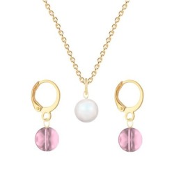 Gold Plated Premium Steel Pearlescent White Crystal Pearl Pendant With Antique Pink Austria Globe Hoop Earrings Set