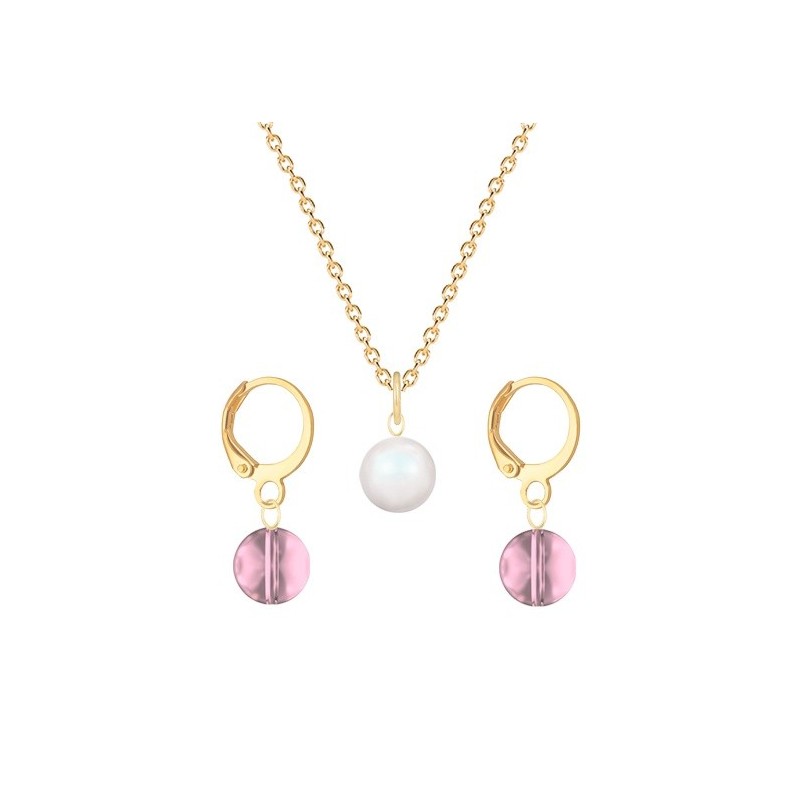 Gold Plated Premium Steel Pearlescent White Crystal Pearl Pendant With Antique Pink Austria Globe Hoop Earrings Set