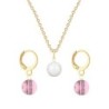 Gold Plated Premium Steel Pearlescent White Crystal Pearl Pendant With Antique Pink Austria Globe Hoop Earrings Set