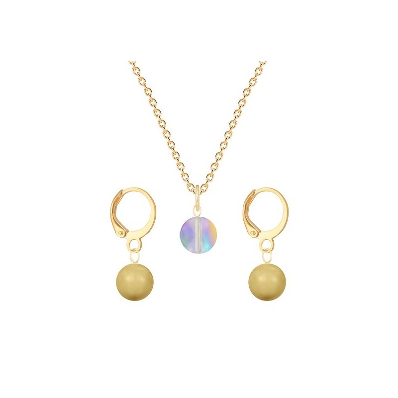 Gold Plated Premium Steel Paradise Shine 8mm Austria Globe Pendant With Golden Crystal Pearl Hoop Earrings Set