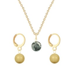 Gold Plated Premium Steel Black Diamond 8mm Austria Globe Pendant With Golden Crystal Pearl Hoop Earrings Set