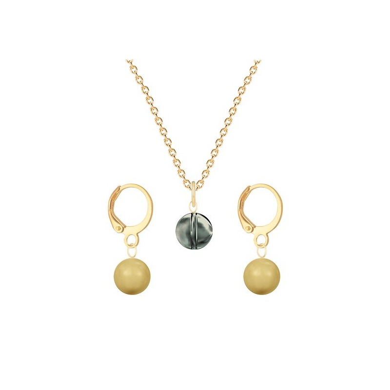 Gold Plated Premium Steel Black Diamond 8mm Austria Globe Pendant With Golden Crystal Pearl Hoop Earrings Set