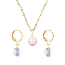 Gold Plated Premium Steel Rosaline Pink Crystal Pearl Pendant With Aurora Borealis Austria Globe Hoop Earrings Set