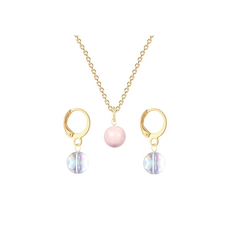 Gold Plated Premium Steel Rosaline Pink Crystal Pearl Pendant With Aurora Borealis Austria Globe Hoop Earrings Set