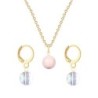 Gold Plated Premium Steel Rosaline Pink Crystal Pearl Pendant With Aurora Borealis Austria Globe Hoop Earrings Set