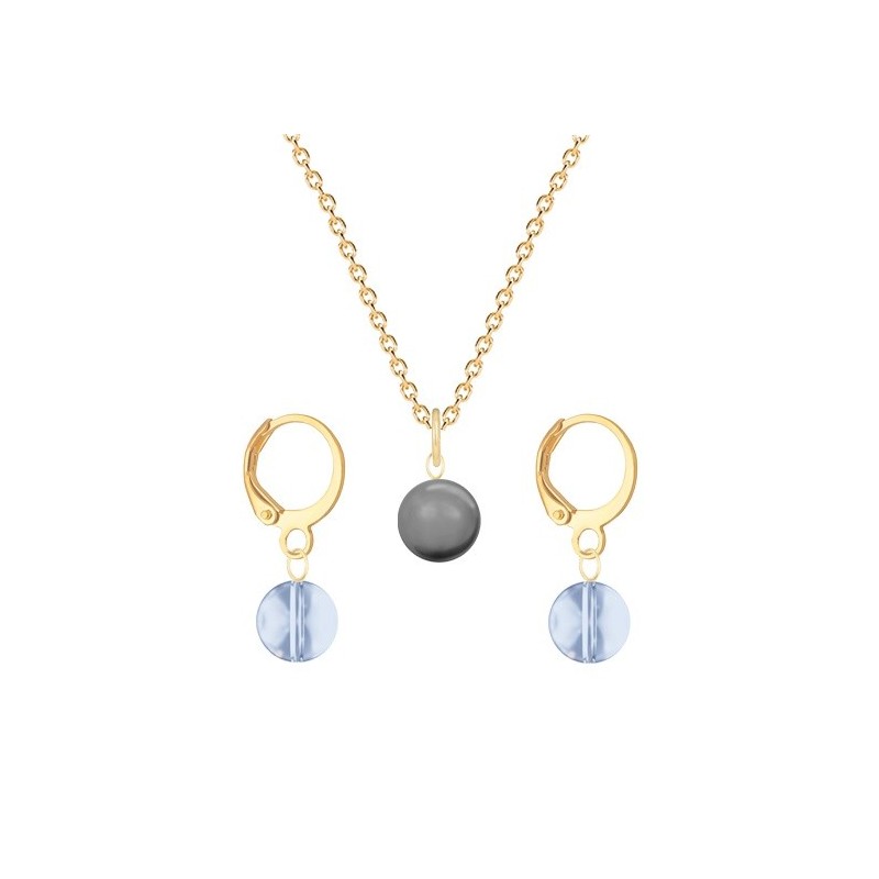 Gold Plated Premium Steel Grey Crystal Pearl Pendant With Blue Shade Austria Globe Hoop Earrings Set