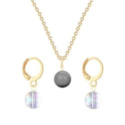 Gold Plated Premium Steel Grey Crystal Pearl Pendant With Aurora Borealis Austria Globe Hoop Earrings Set