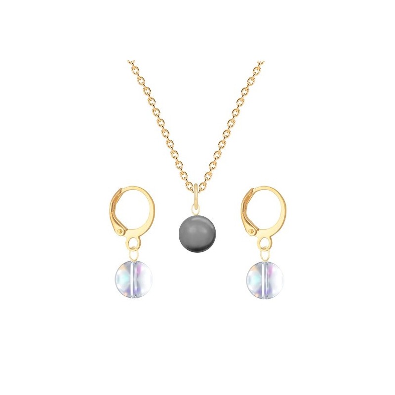 Gold Plated Premium Steel Grey Crystal Pearl Pendant With Aurora Borealis Austria Globe Hoop Earrings Set