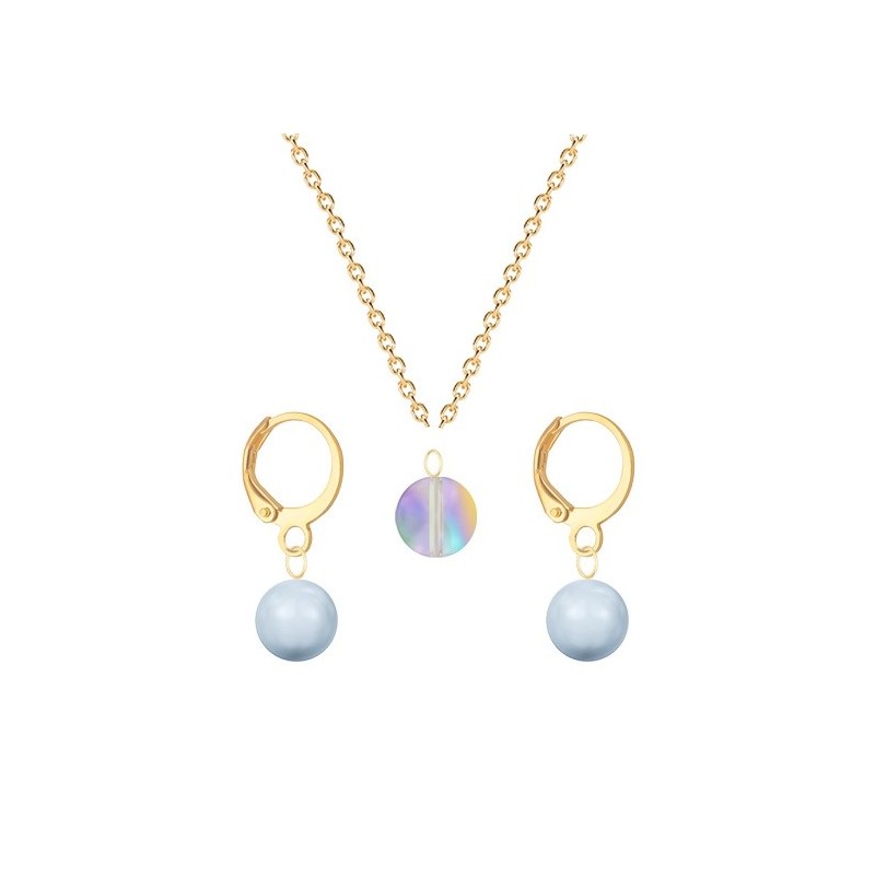 Gold Plated Premium Steel Paradise Shine 8mm Austria Globe Pendant With Light Blue Crystal Pearl Hoop Earrings Set