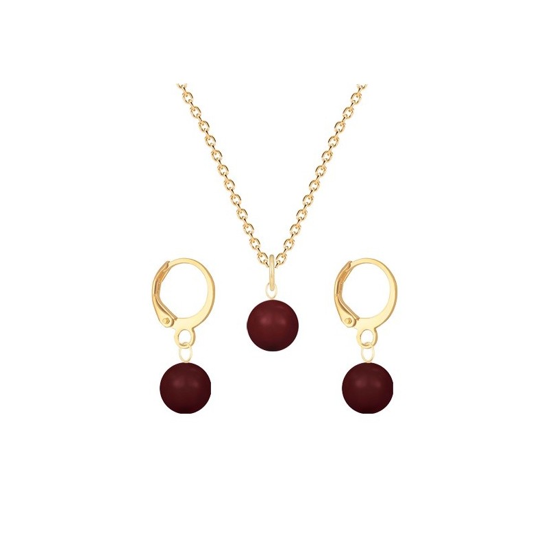 January Birthpearl Gold Plated Premium Steel Bordeaux 8mm Austrian Crystal Pearl Pendant With Earrings Set