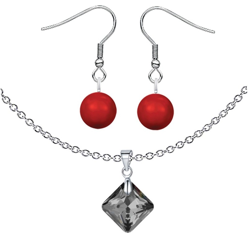 Silver Night Princess Cut Premium Grade Austrian Crystal Pendant Necklace And Corel Red Pearl Earrings Jewellery Set