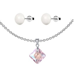 Light Rose Shimmer Princess Cut Crystal Pendant With White Cabochon 10mm Crystal Pearls Premium Steel Earrings Set