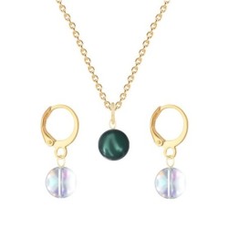 Gold Plated Premium Steel Iridescent Tahitian Crystal Pearl Pendant With Aurora Borealis Austria Globe Hoop Earrings Set