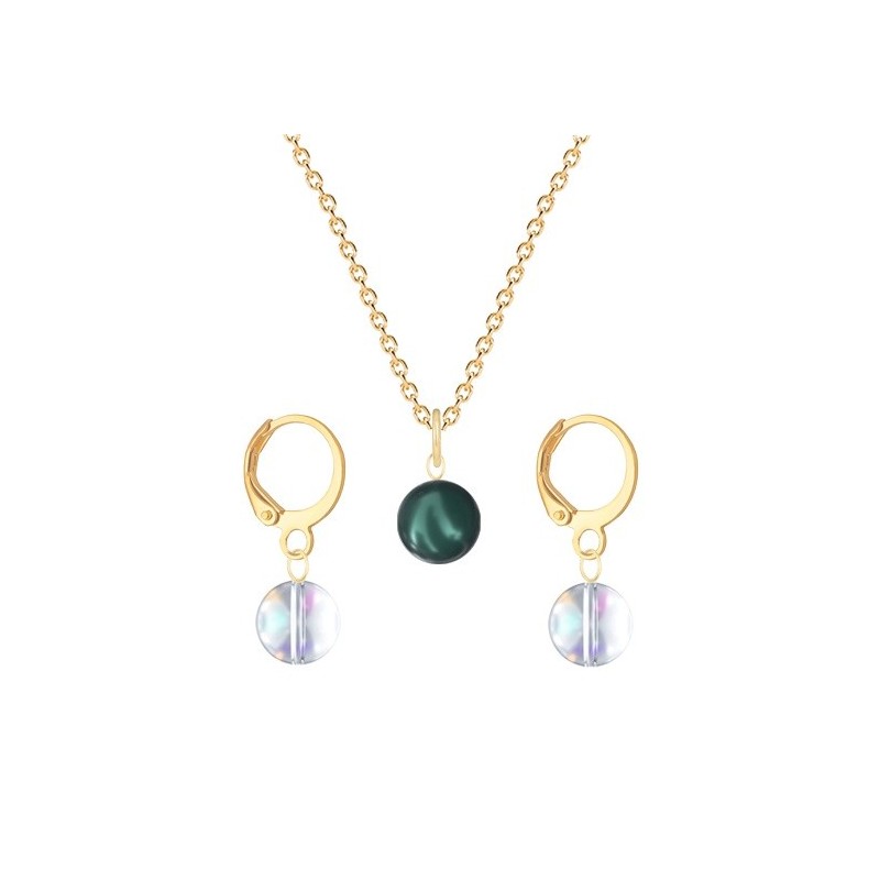 Gold Plated Premium Steel Iridescent Tahitian Crystal Pearl Pendant With Aurora Borealis Austria Globe Hoop Earrings Set