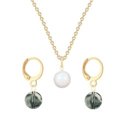 Gold Plated Premium Steel Pearlescent White Crystal Pearl Pendant With Black Diamond Austria Globe Hoop Earrings Set