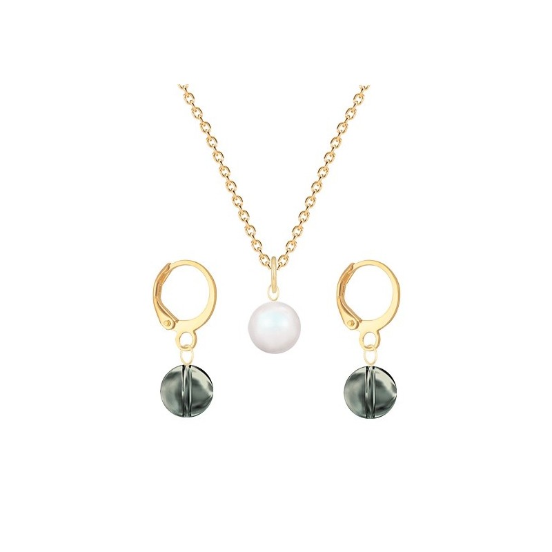 Gold Plated Premium Steel Pearlescent White Crystal Pearl Pendant With Black Diamond Austria Globe Hoop Earrings Set