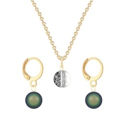 Gold Plated Premium Steel Black Patina 8mm Austria Globe Pendant With Scarabaeus Green Crystal Pearl Hoop Earrings Set