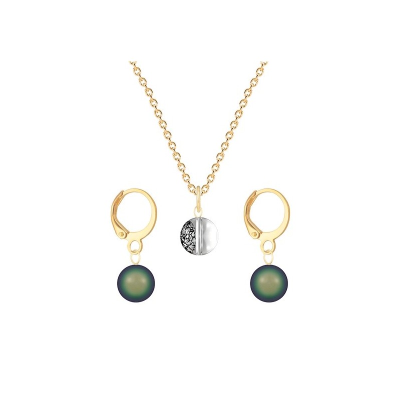 Gold Plated Premium Steel Black Patina 8mm Austria Globe Pendant With Scarabaeus Green Crystal Pearl Hoop Earrings Set