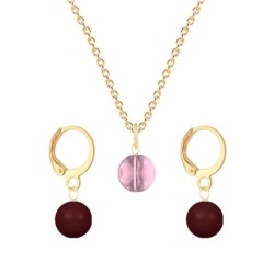 Gold Plated Premium Steel Antique Pink 8mm Austria Globe Pendant With Bordeaux Crystal Pearl Hoop Earrings Set