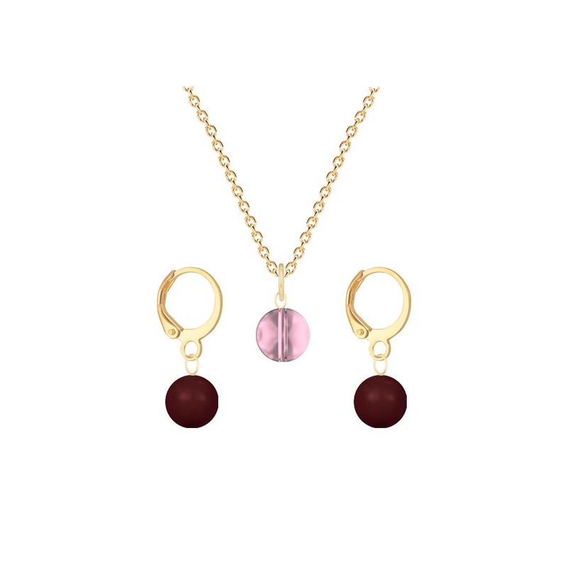 Gold Plated Premium Steel Antique Pink 8mm Austria Globe Pendant With Bordeaux Crystal Pearl Hoop Earrings Set