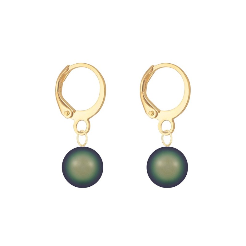 May Birthpearl Gold Plated Scarabaeus Green 8mm Crystal Pearl Hoop Earrings Embellished with Austrian Crystal Pearls